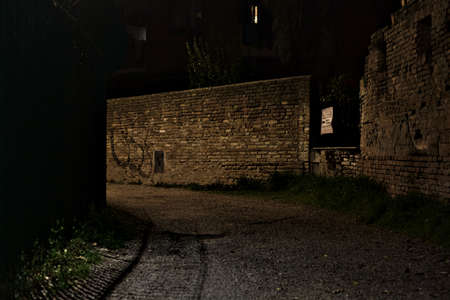 Path bordered by a brick wall at night