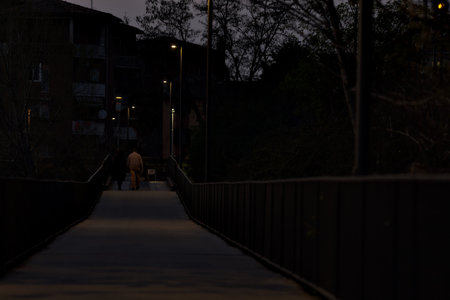 People walking on a bridge at duskの写真素材