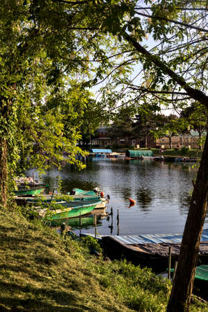 Mooring in an inlet of a lake in the countryside at sunsetの写真素材