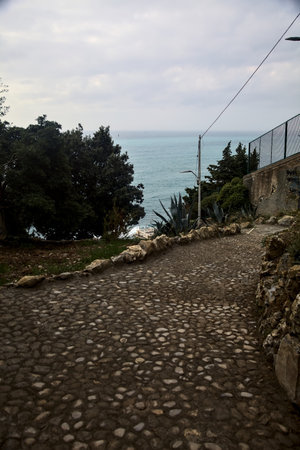Edge of a stone staircase by the sea with trees and next to boundary walls on a cloudy day