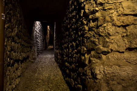 Cobbled street with an archway at nightの写真素材