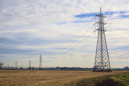 Rows of electricity pylons and power lines over cultivated fields on a winter day in the Italian...