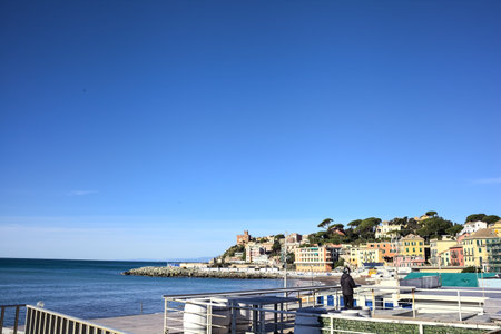 Cliff with historic buildings that stretches into the sea seen from the distance on a clear dayの写真素材