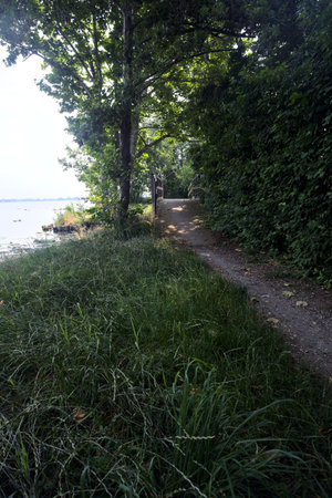 Trail and a small footbridge in a park by the riverside on a sunny day in the Italian countrysideの写真素材