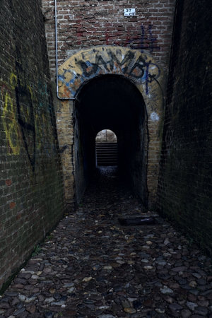 Entrance to a small underpass in an Italian townの写真素材