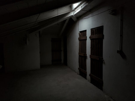 Corridor with wooden doors lit by skylights in the attic of a condominiumの写真素材