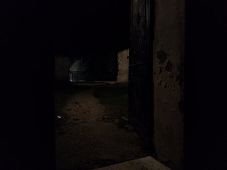 Opening and wooden door in a brick wall of a garden at nightの写真素材