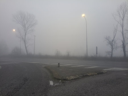 Crossroads bordered by a metal fence and street lamps on a foggy day in the countryside