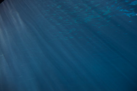 Sunbeam passing under the water surface seen from behind the glass of a tank
