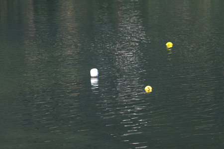 Buoys on a lake with their reflections cast on the waterの写真素材