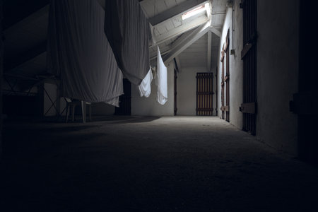 Attic partly in the shade with hanging clothes and sunlight filtering through a skylight