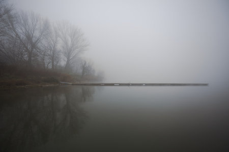 Piers next to a park by the lakeshore on a foggy morning in the Italian countrysideの写真素材