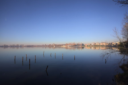 Wooden poles in a park by the lakeshore on a winter morning with their reflections cast in the waterの写真素材