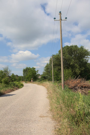 Dirt road between fields with an overhead power line by its edge seen on a sunny day in the countrysideの写真素材