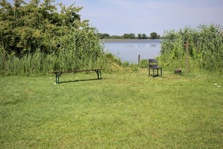Bench and chair by the lakeshore on a sunny day with the lake and opposite shore framed by reedsの写真素材