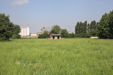 Abandoned concrete shack on a field with an industrial complex in the background on a sunny day in the Italian countrysideの写真素材