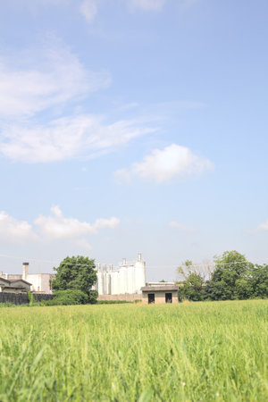 Abandoned concrete shack on a field with an industrial complex in the background on a sunny day in the Italian countrysideの写真素材