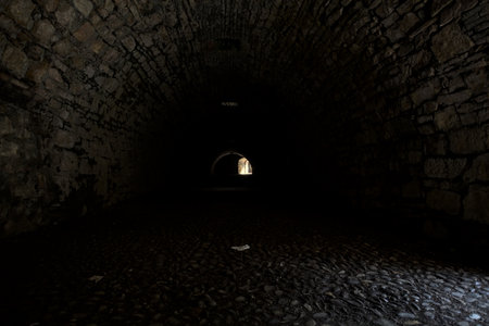 Arching passage in the dark with sunlight passing through holes and an opening in the distanceの写真素材