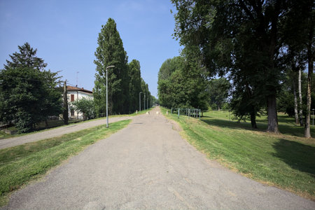 Paved trail on an embankment bordered by poplars in a park on a sunny day with a house next to its beginningの写真素材