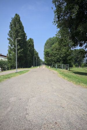 Paved trail on an embankment bordered by poplars in a park on a sunny day with a house next to its beginningの写真素材