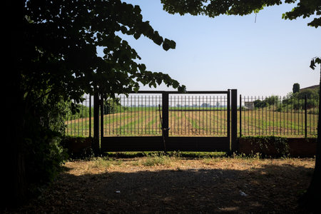 Gate in a fence at the edge of a field on a sunny day in the Italian countryside framed by trees in...