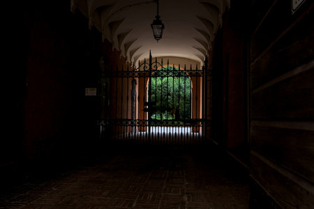 Archway entrance of a historical building blocked by an iron gate in an Italian town