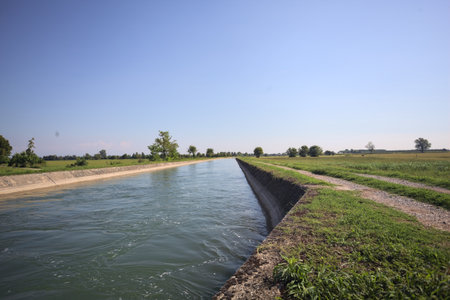 Flowing water in a diversionary channel bordered by trails in the middle of a meadow on a sunny day in the Italian countrysideの写真素材
