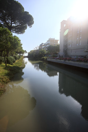 Brook passing between a grove and buildings cast in the waterの写真素材