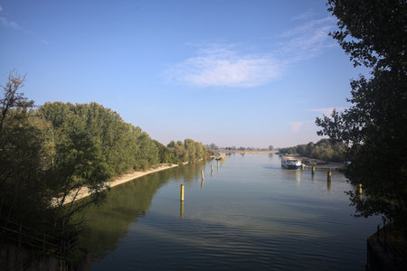 Diversionary channel with poles in it and a moored boat with the sky casted in the water and a tree framing the sceneの写真素材