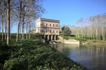 Historical building over a dam seen from a tree plantation on the riverbank in the Italian...
