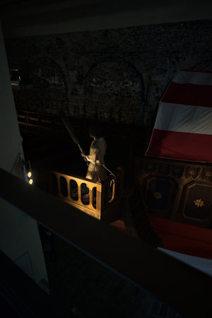 Genoa, Italy - 2ND NOVEMBER 2025 - Reconstruction of a galley and its memorabilia next to it in a hall of Galata Museum in Genoaのeditorial素材