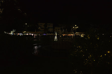 Verona, Italy - 8TH DECEMBER 2025 - Square with a fountain in it, and decorative lights in the shape of a reindeer, bordered by stalls of a Christmas market, at nightのeditorial素材