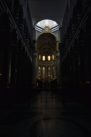 Genoa, Italy - 12TH NOVEMBER 2025 - Central nave of San Lorenzo church with altar in the distance and sunlight filtering by windows aboveのeditorial素材