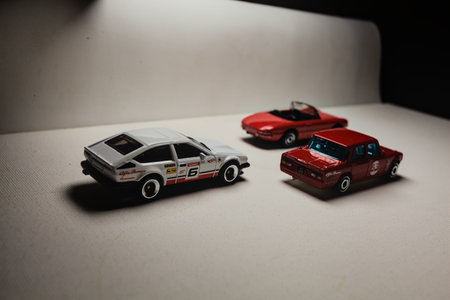 Mantua, Italy - 28TH DECEMBER 2025 - Hot Wheels replicas of an Alfa Romeo Giulietta Spider, an Alfa...