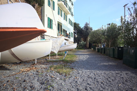 Sandy passage between a fence with plants and a building with piled dry boats on a sunny day