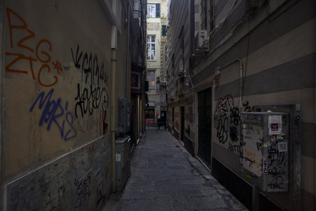 Narrow alley in the shade with walls covered by graffitiの写真素材