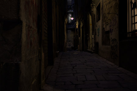 Alley with overhead street lamps ending in a sharp turn at duskの写真素材