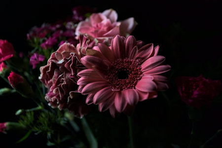 Pink toned bouquet with a pink rose, a pink gerbera and carnations in purple and pink, seen up...