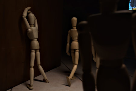 Wooden mannequin leaning against and facing a wall with its arms on its face with other wooden...