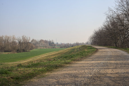 Muddy trail on an embankment, bordered by bare trees on one side, and a slope, bordering fields, on...
