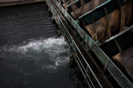 Moving water screw among still others, with water splashing next to it, framed by a footbridge, in a...