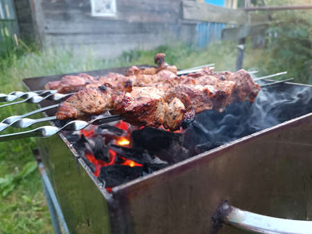 Delicious shish kebab is cooked on the grillの写真素材