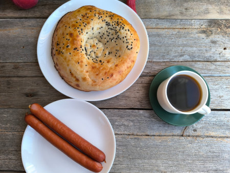 Bread on a white plate in a natural style, with a cup of coffee and fried sausages. High quality...