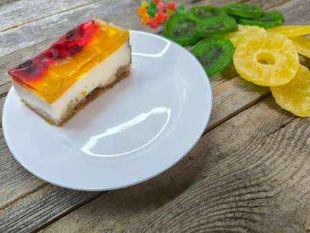 piece of honey-fruit cake on a plate. View from above. High quality photosの写真素材