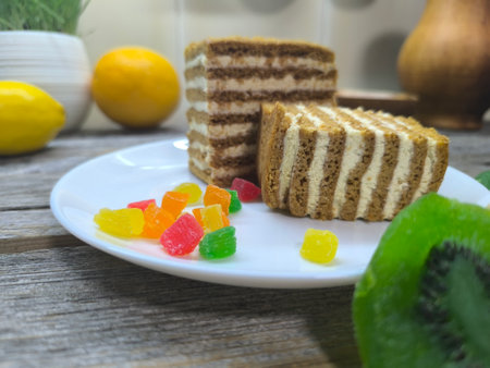 a piece of honey cake on a white plate. High quality photo