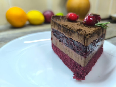 pie with cherries on top and jam inside on a plate. High-quality photoの写真素材