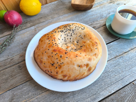 Bread on a white plate in a natural style., with a cup of coffee. High quality photoの写真素材
