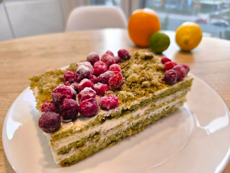 Cottage cheese sponge cake with cranberries on a plate. High quality photosの写真素材