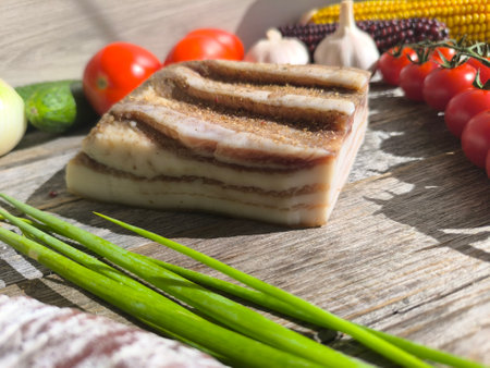Delicious bacon from brisket on a wooden chopping board. High-quality photosの写真素材