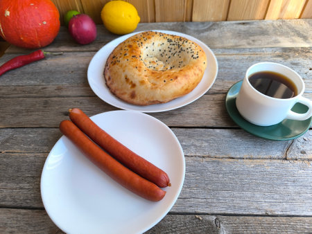Bread on a white plate in a natural style, with a cup of coffee and fried sausages. High quality photoの写真素材